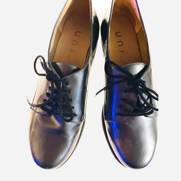 NEW Unisa round toe, lace up, Italian loafers in grey patent leather wedge shoes - Picture 3 of 8